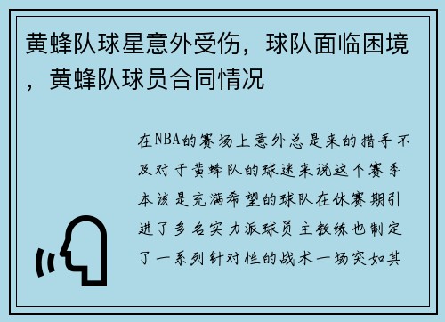 黄蜂队球星意外受伤，球队面临困境，黄蜂队球员合同情况