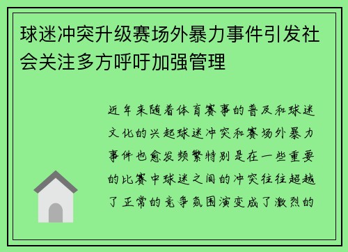 球迷冲突升级赛场外暴力事件引发社会关注多方呼吁加强管理