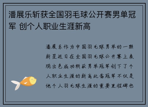 潘展乐斩获全国羽毛球公开赛男单冠军 创个人职业生涯新高